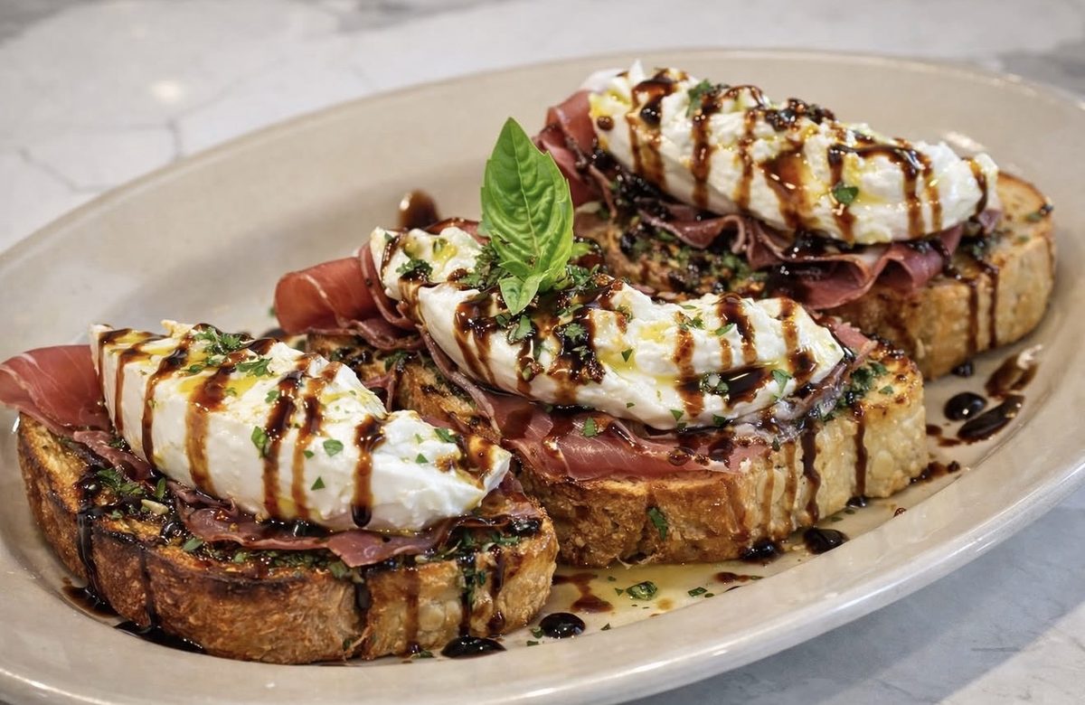 Burrata and prosciutto bruschetta with balsamic