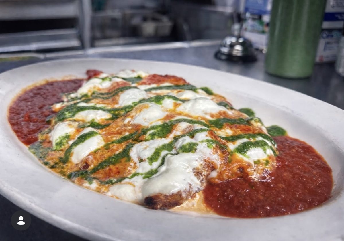 Chicken parmigiana with pesto and fresh mozzarella