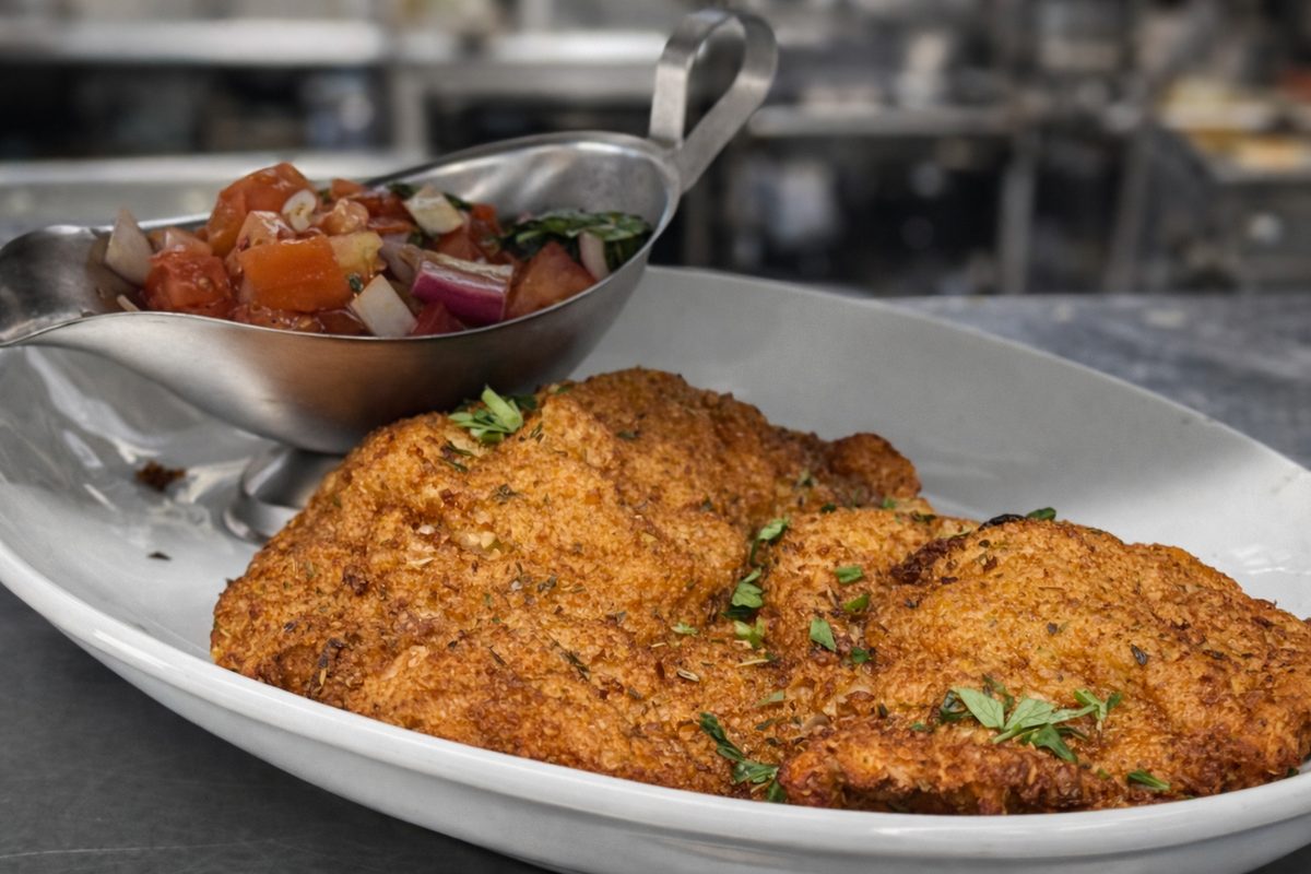 Breaded cutlet with chopped tomato