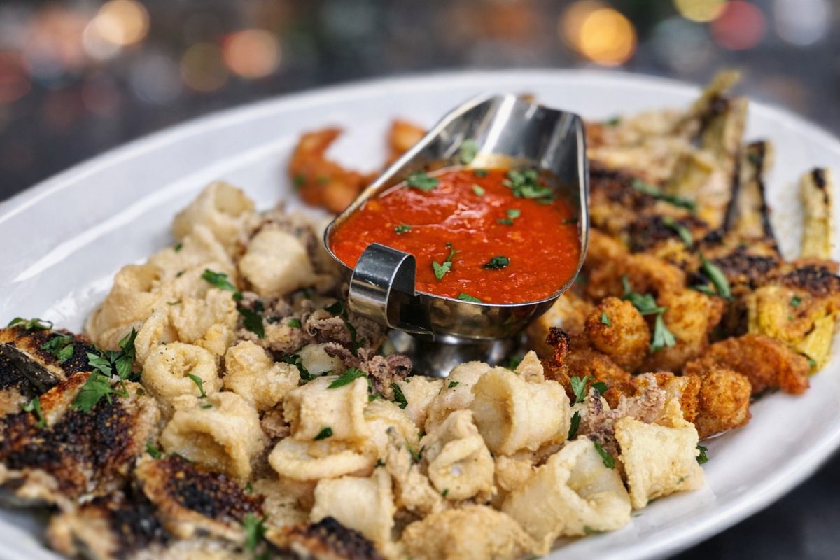 Fried seafood platter with marinara