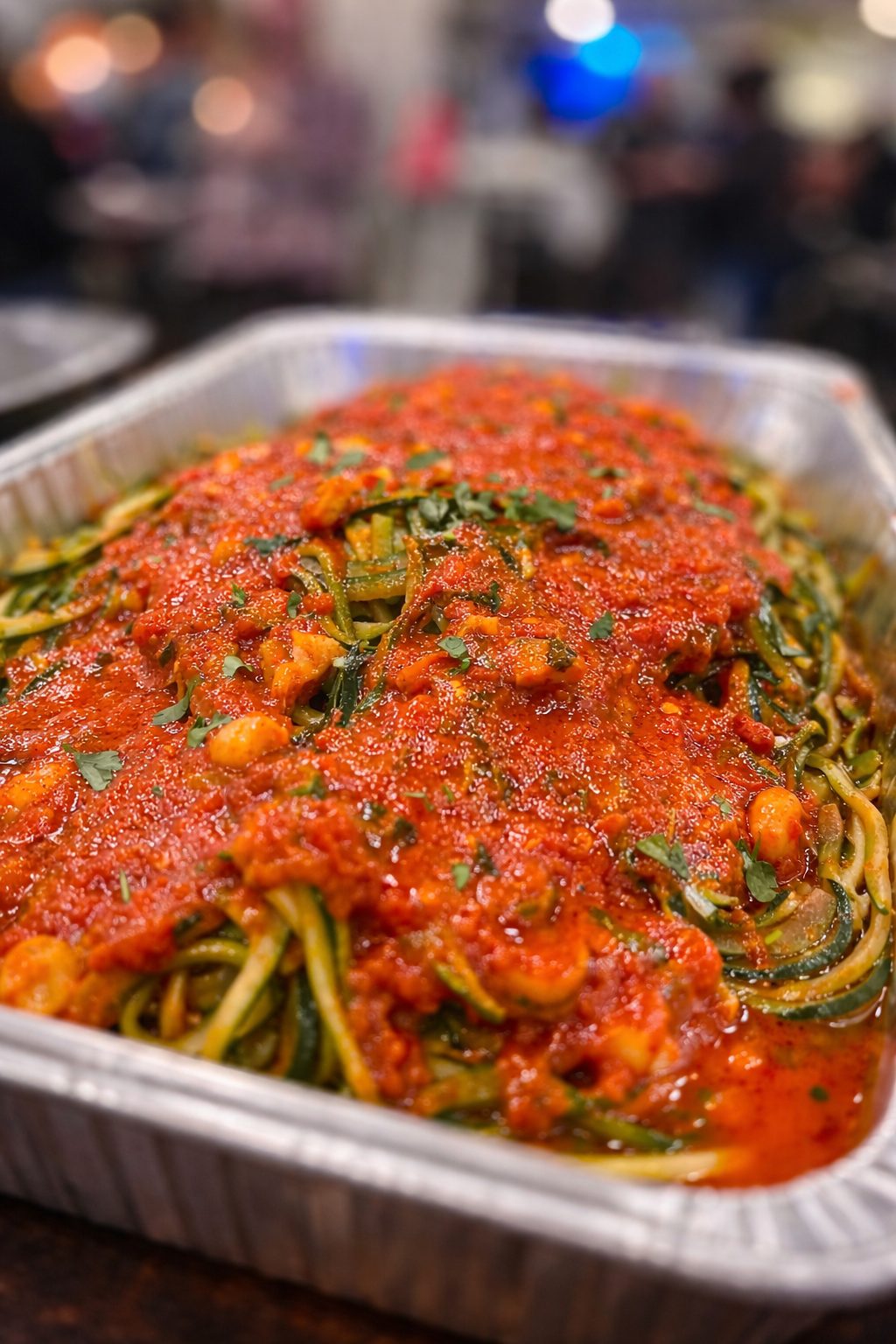 Zucchini linguine in marinara, party tray