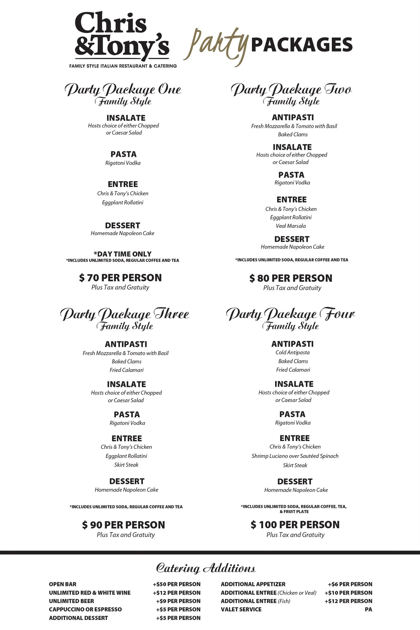 Chris & Tony's party packages
